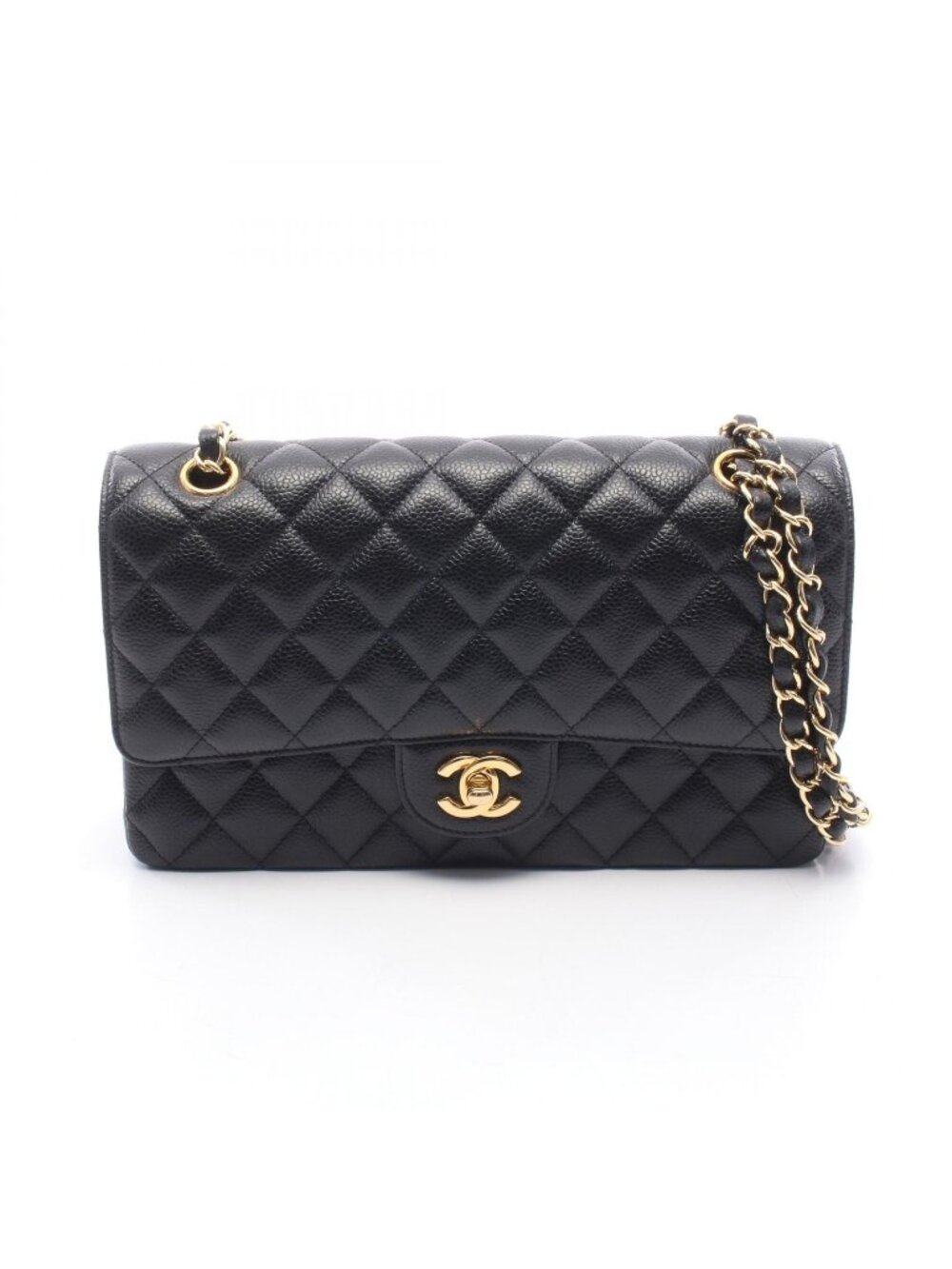 Chanel Shoulder Bag Quilted Double Flap Black Caviar Leather Chain